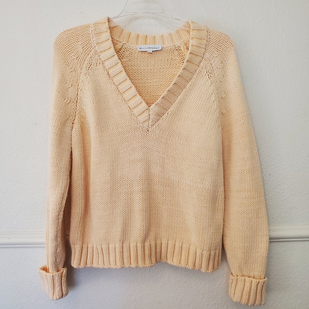 White + Warren Peach BCI Cotton Blend V-Neck Raglan Knit Sweater Small